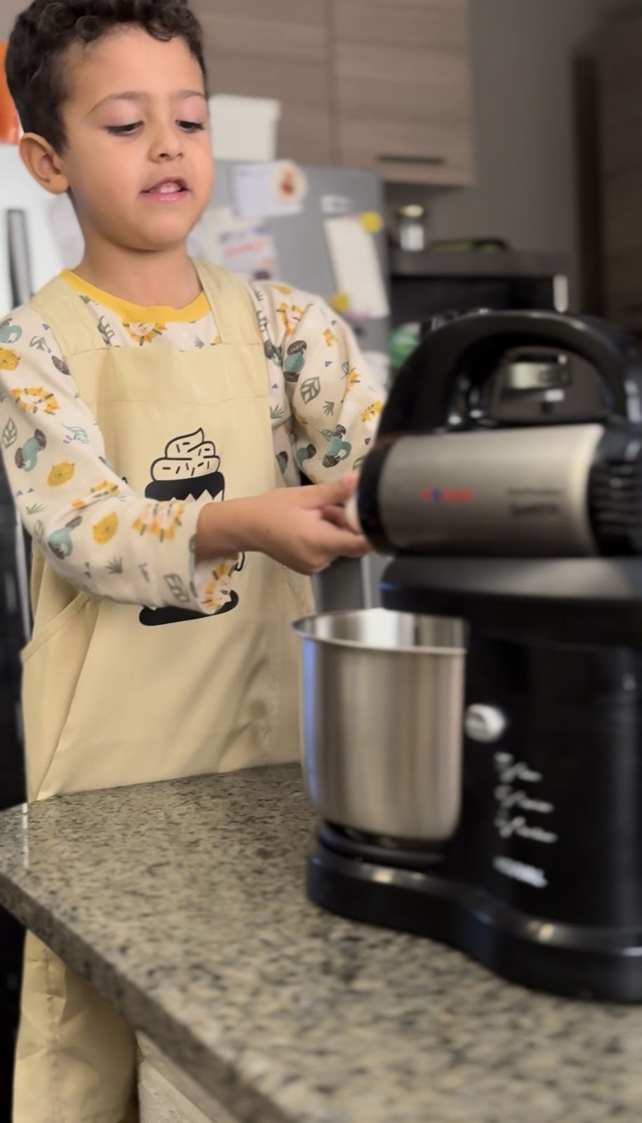 Grandson in a Lou's apron with the stand mixer